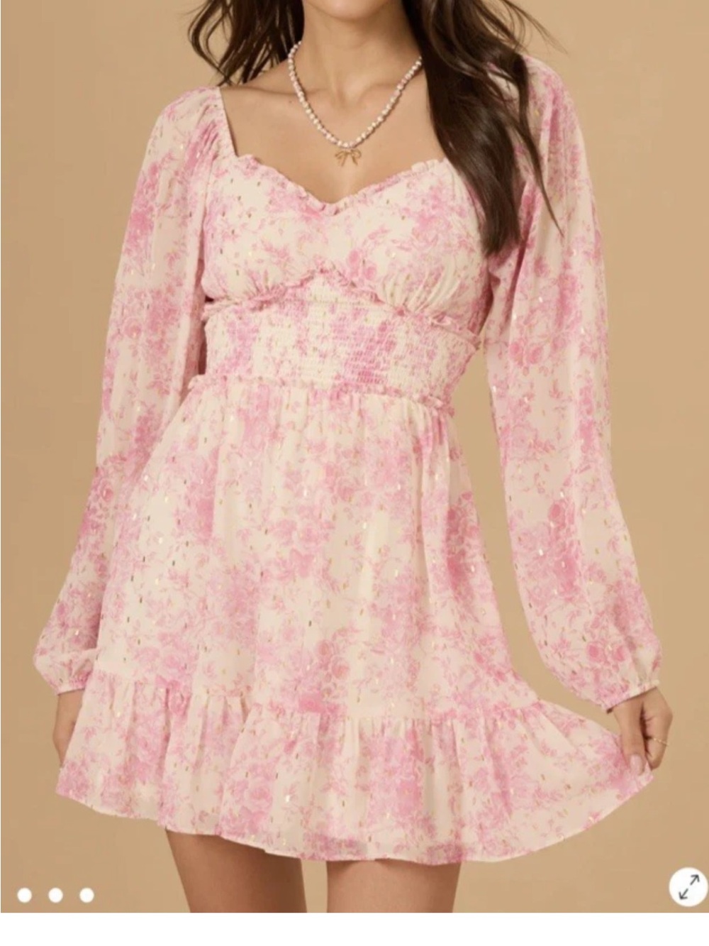 Arula Denali Floral printed Dress pink white and gold long sheer sleeves size 1X